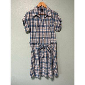 Faded Glory Women's Cream and Blue Plaid Button Up Dress‎ Size Medium